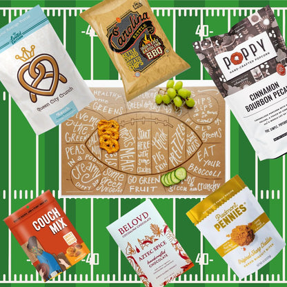 Tailgate gift basket contents with North Carolina BBQ chips, pimento popcorn, and game day treats
