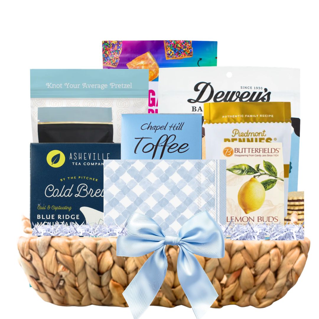North Carolina spring gift basket with artisan chocolate, toffee, and gourmet treats in hyacinth tray