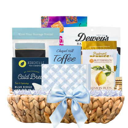 North Carolina spring gift basket with artisan chocolate, toffee, and gourmet treats in hyacinth tray