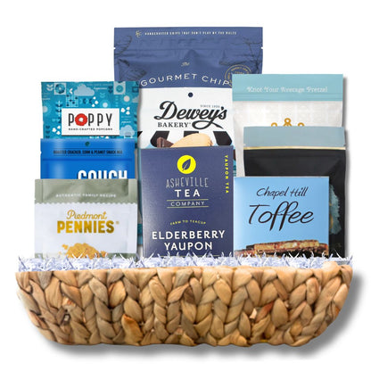 Luxury North Carolina artisan gift basket with handcrafted chocolates and gourmet treats in reusable