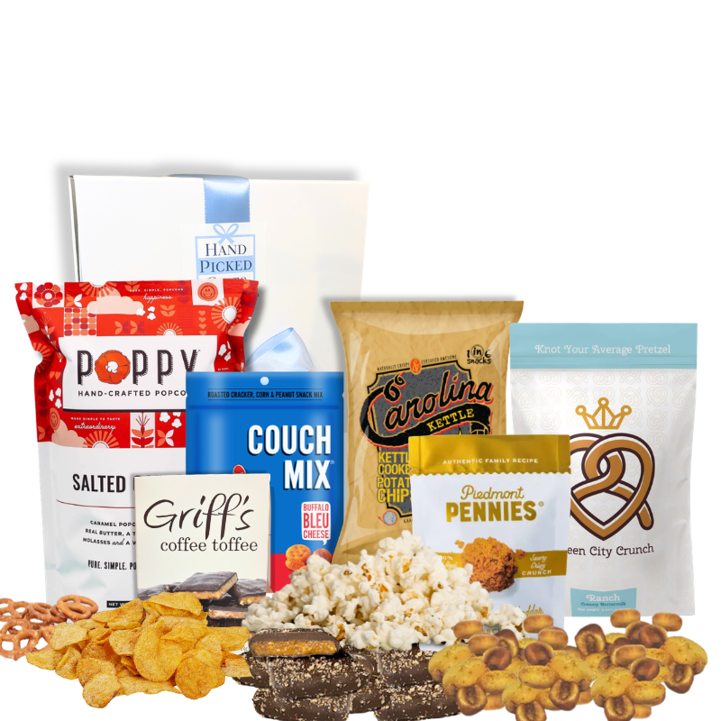 North Carolina snack gift box with artisan popcorn, BBQ chips, and gourmet treats from Carolina makers