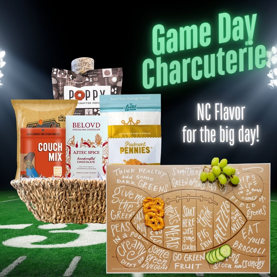 Game day charcuterie gift basket with North Carolina artisan snacks and football mat