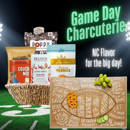 Game day charcuterie gift basket with North Carolina artisan snacks and football mat