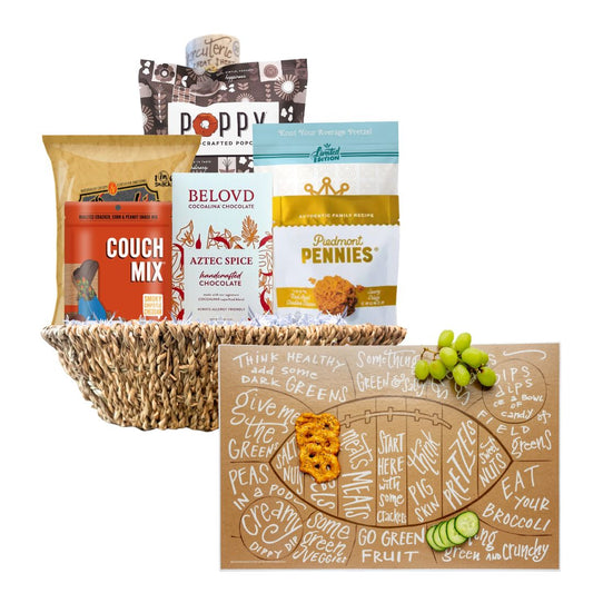 Football game day gift basket with North Carolina artisan snacks and tailgate treats