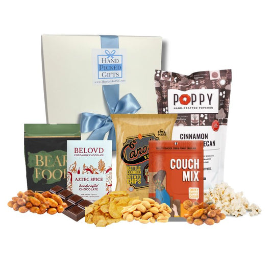  North Carolina spicy gift basket with chipotle cheddar, spicy chocolate, bbq chips, wafers, popcorn