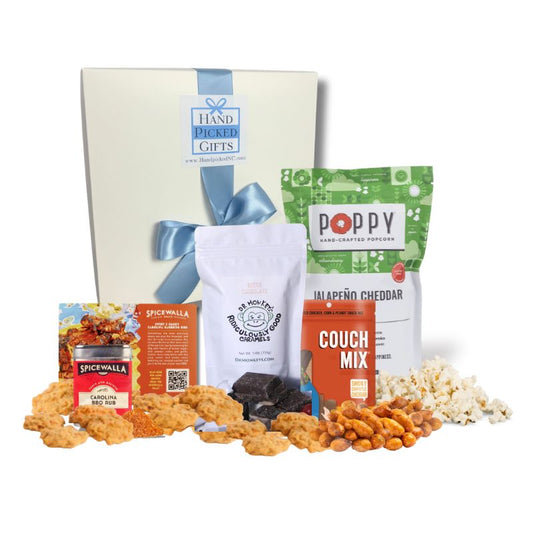  North Carolina spicy gift basket with chipotle cheddar, jalapeño wafers, and jalapeno popcorn