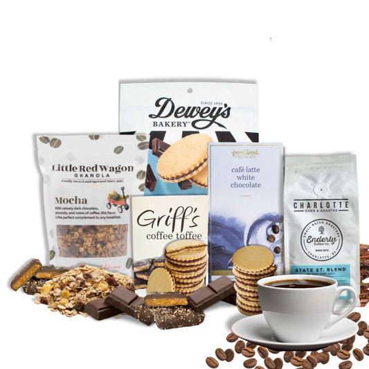 Coffee and chocolate specialty foods from North carolina in a gourmet gift box