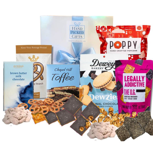 North Carolina gourmet sweet gift box contents with Chapel Hill Toffee, cinnamon pretzels, and artisan treats