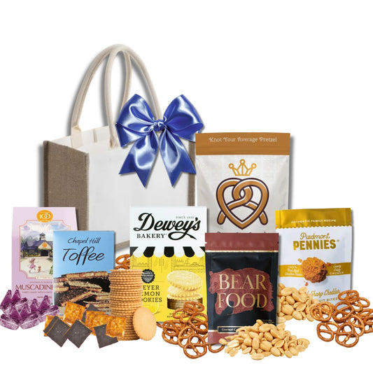 Carolina gift basket with North Carolina artisan toffee, chocolate, and gourmet treats in reusable jute tote