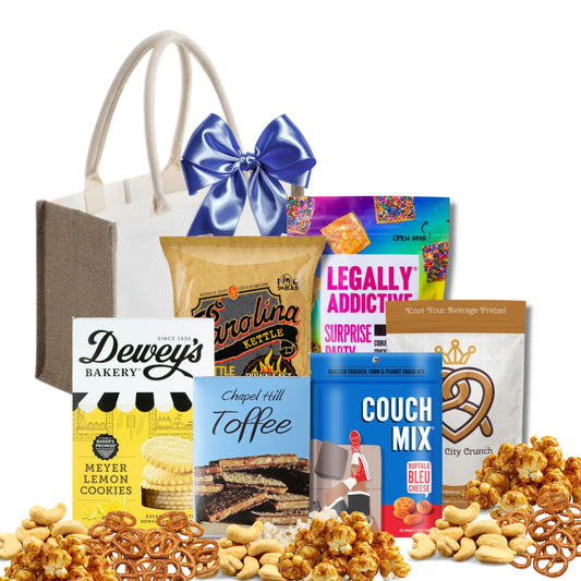Carolina gift basket with North Carolina artisan toffee, chocolate, and gourmet treats in reusable jute tote