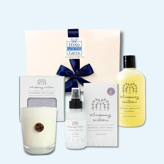 Lavender self-care gift box with North Carolina artisan candle, linen spray, and spa essentials