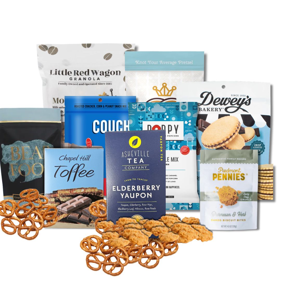 Premium North Carolina gourmet gift basket featuring Chapel Hill Toffee, artisan caramels, and honey pecans