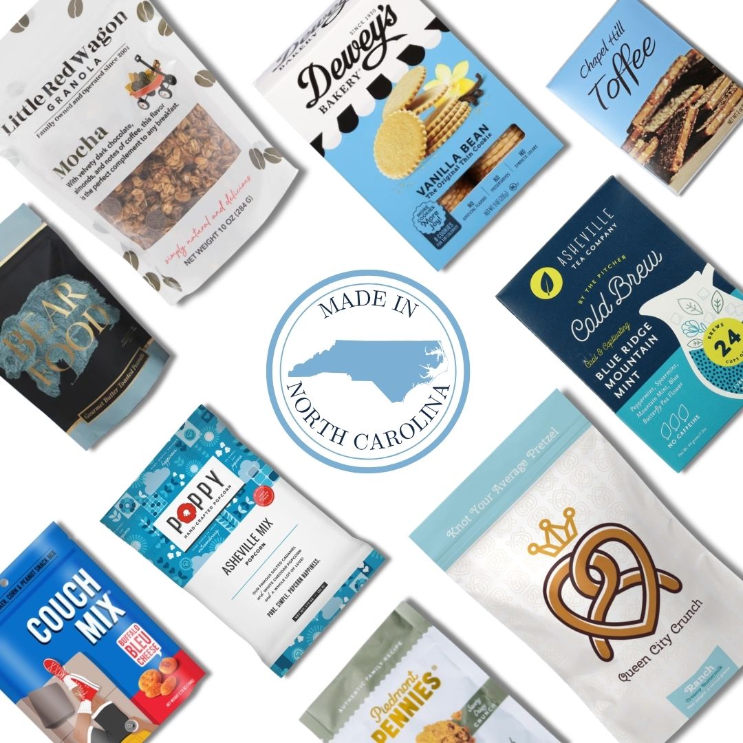 North Carolina artisan gift basket contents with locally made chocolates, toffee, and gourmet treats