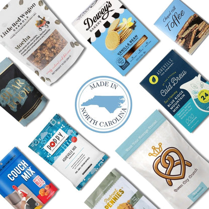 North Carolina artisan gift basket contents with locally made chocolates, toffee, and gourmet treats