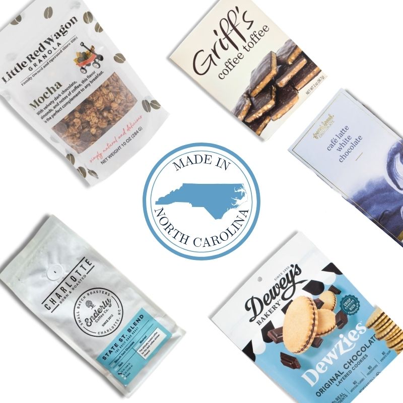 North Carolina gourmet coffee gift basket with artisan chocolate, toffee, and espresso beans
