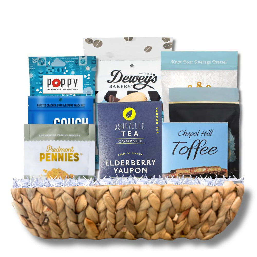  Luxury North Carolina artisan gift basket with handcrafted chocolates and gourmet treats in reusable