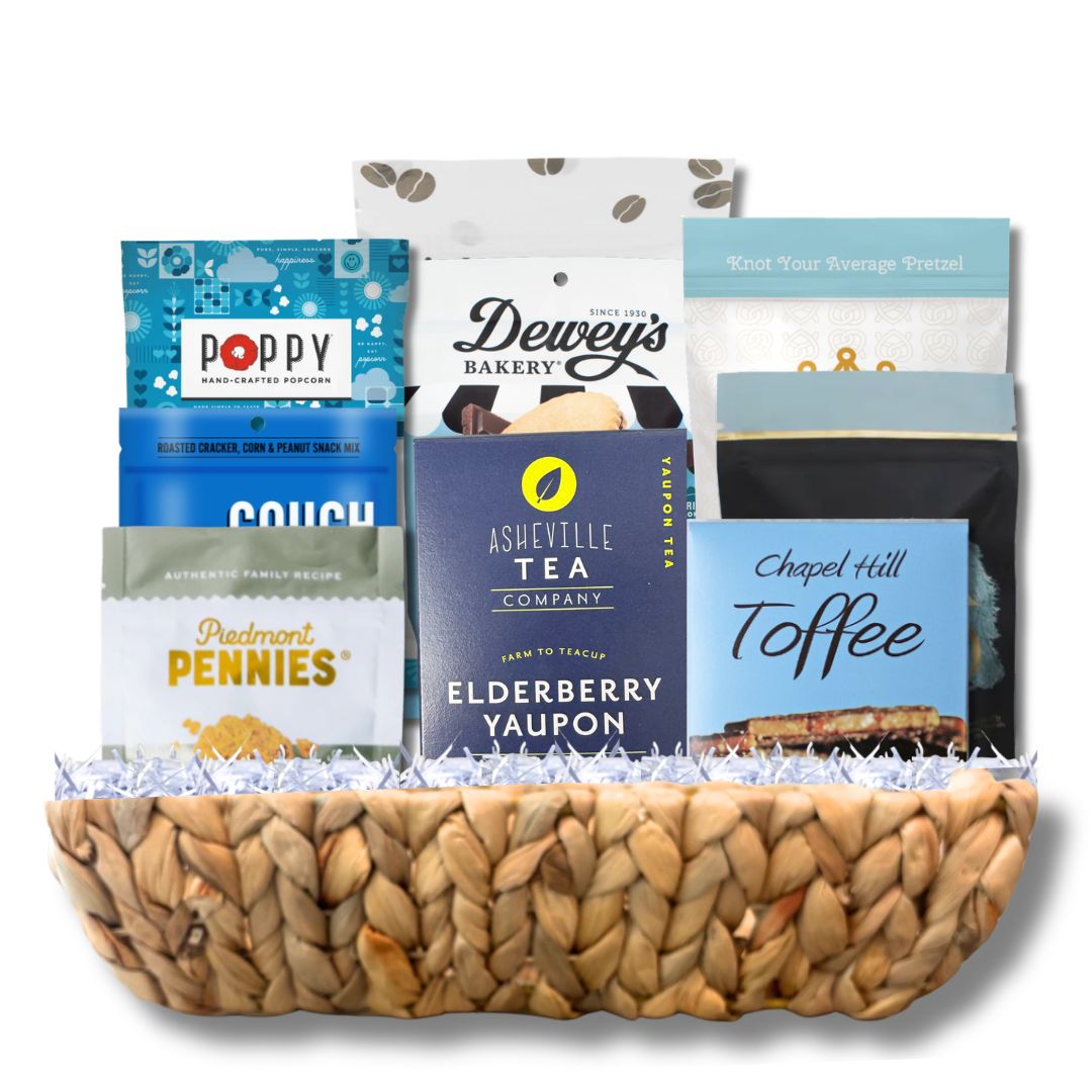  Luxury North Carolina artisan gift basket with handcrafted chocolates and gourmet treats in reusable