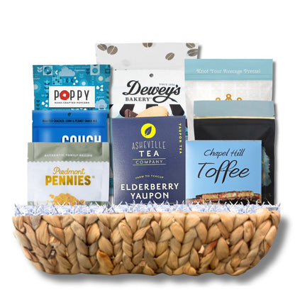  Luxury North Carolina artisan gift basket with handcrafted chocolates and gourmet treats in reusable