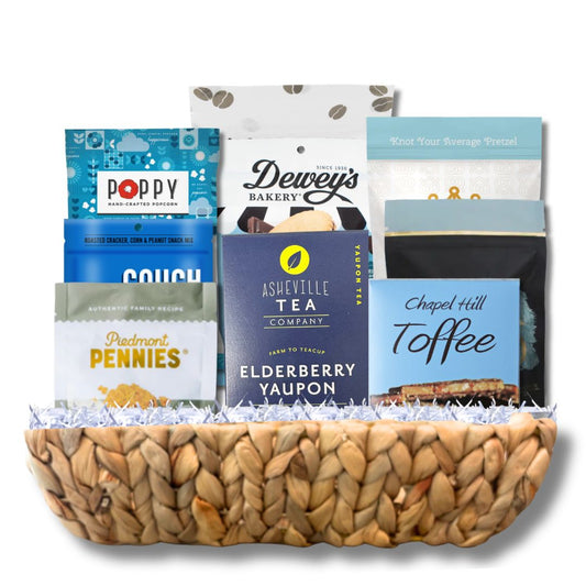 Luxury North Carolina artisan gift basket with handcrafted chocolates and gourmet treats in reusable
