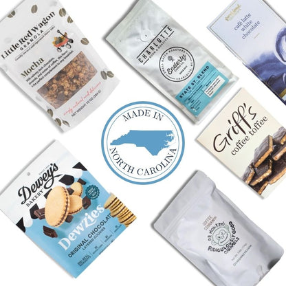 North Carolina gourmet coffee gift basket with artisan chocolate, toffee, and espresso beans
