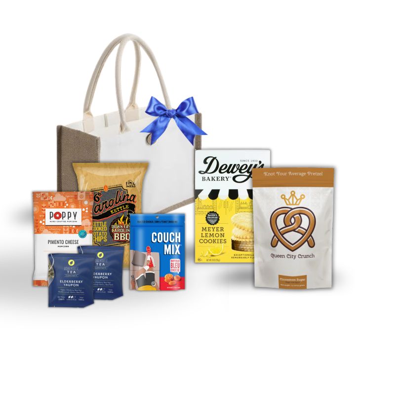 collection of gourmet items that are made in north carolina and a part of a thank you gift