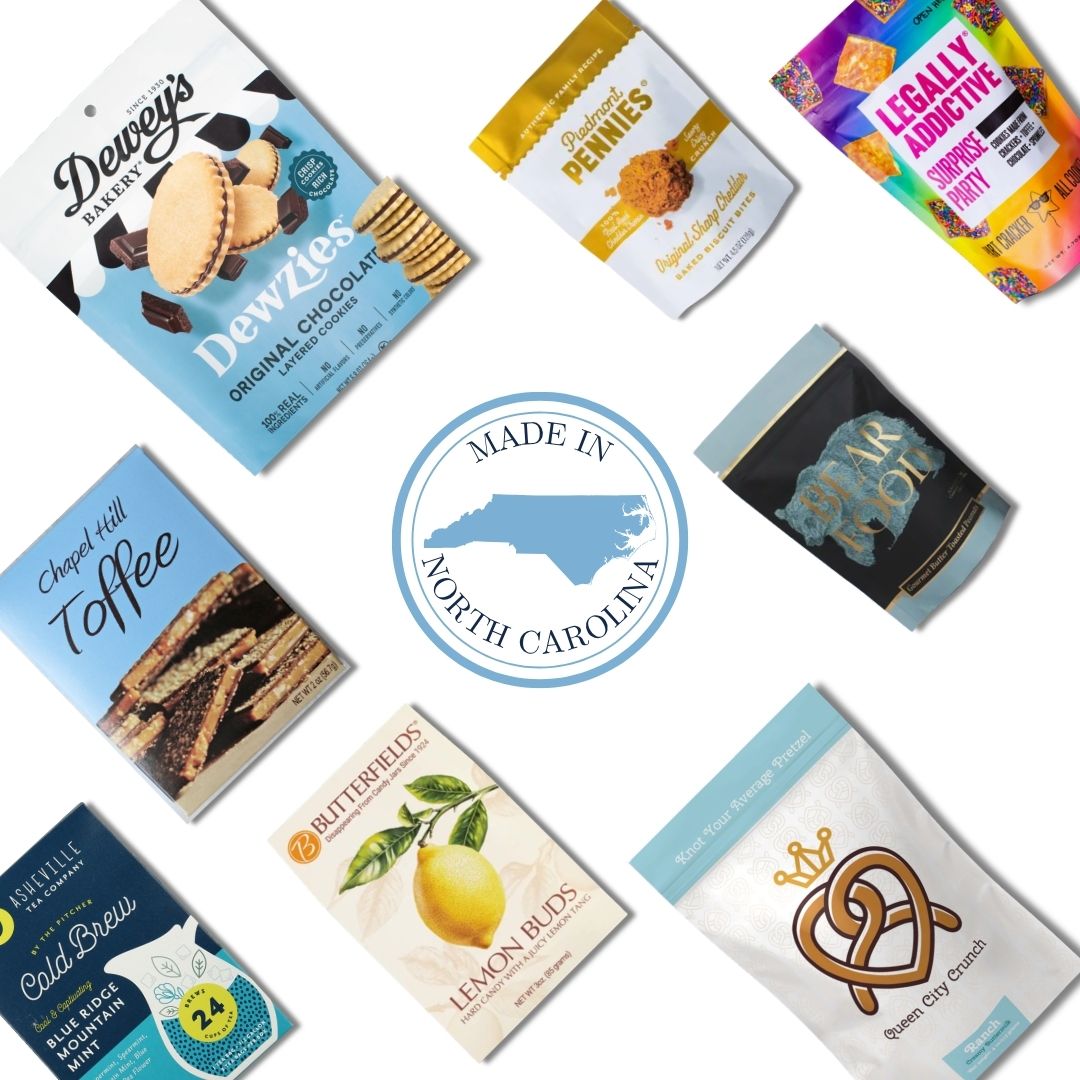 North Carolina artisan gift basket contents with Chapel Hill Toffee, tea, and gourmet treats