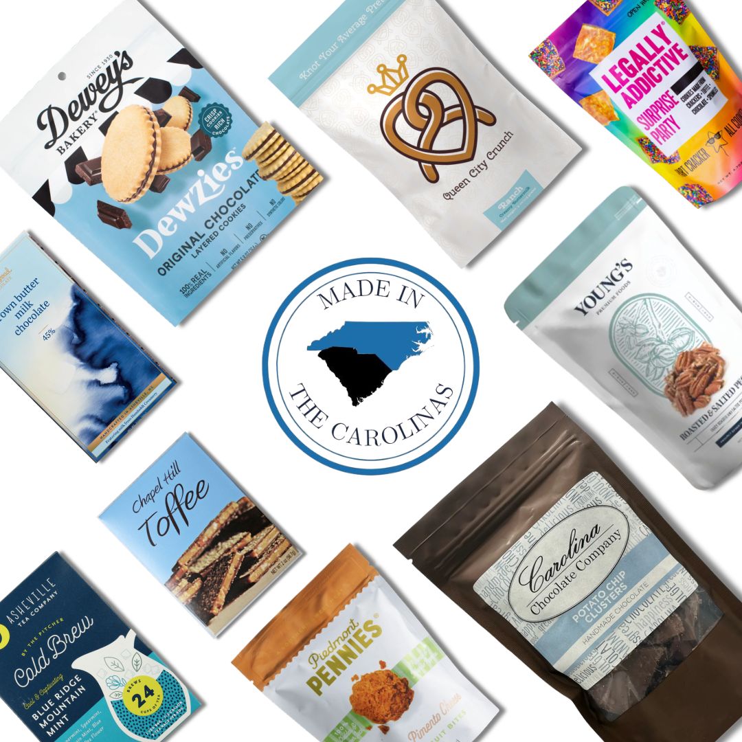 North Carolina artisan gift basket contents with Chapel Hill Toffee, tea, and gourmet treats