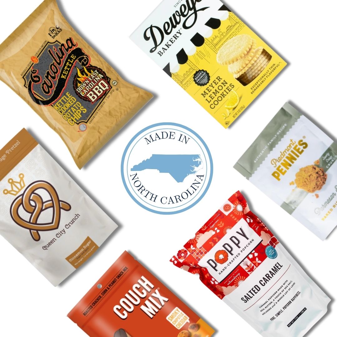 North Carolina gourmet gift basket contents with pimento popcorn, BBQ chips, and artisan treats