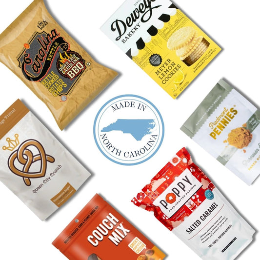North Carolina gourmet gift basket contents with pimento popcorn, BBQ chips, and artisan treats