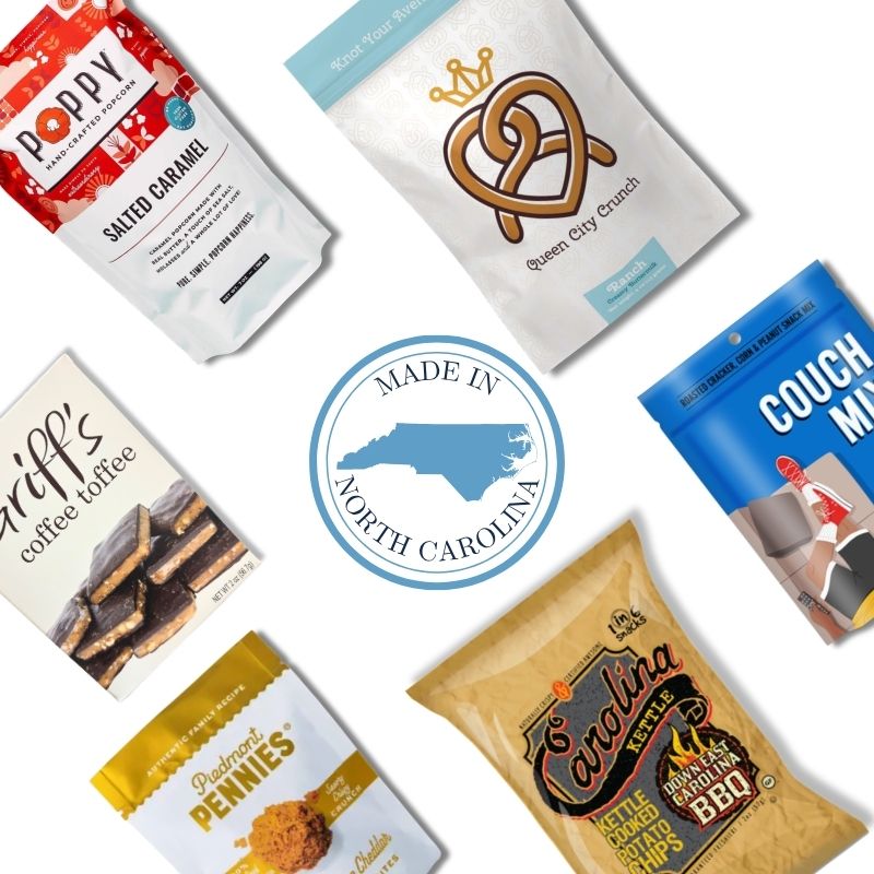 North Carolina gourmet snack box contents with pimento popcorn, coffee toffee, and Carolina artisan treats