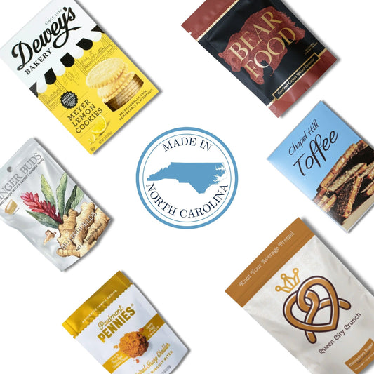 North Carolina gourmet snack box contents with pimento popcorn, coffee toffee, and Carolina artisan treats