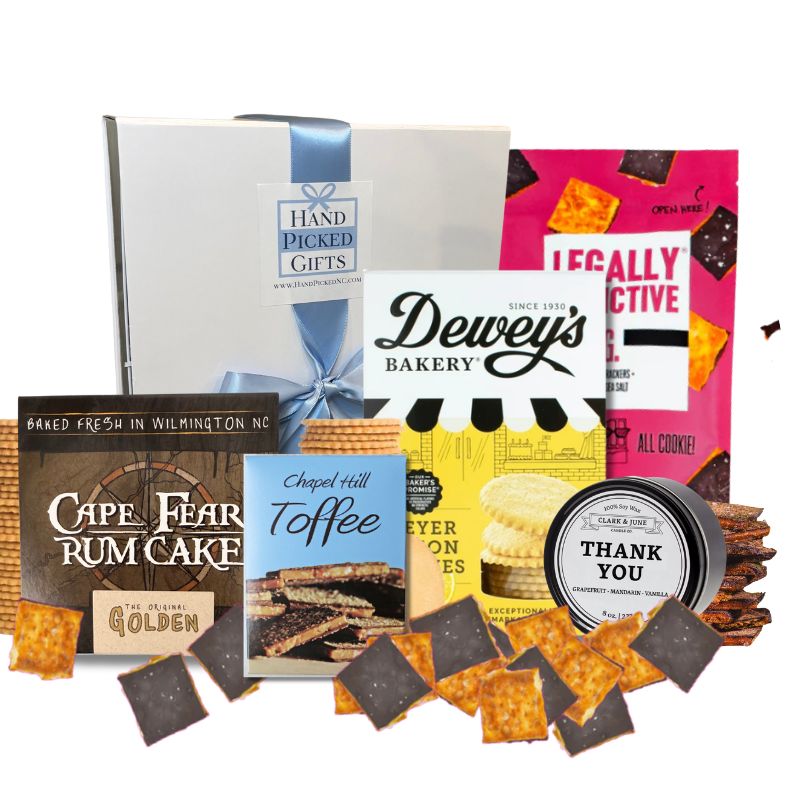 North Carolina thank you gift basket with artisan sweet treats and Chapel Hill keepsake candle