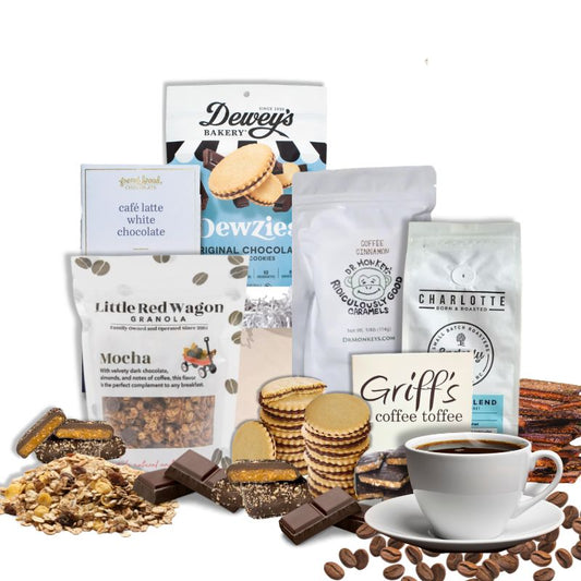 Coffee and chocolate specialty foods from North carolina in a gourmet gift box