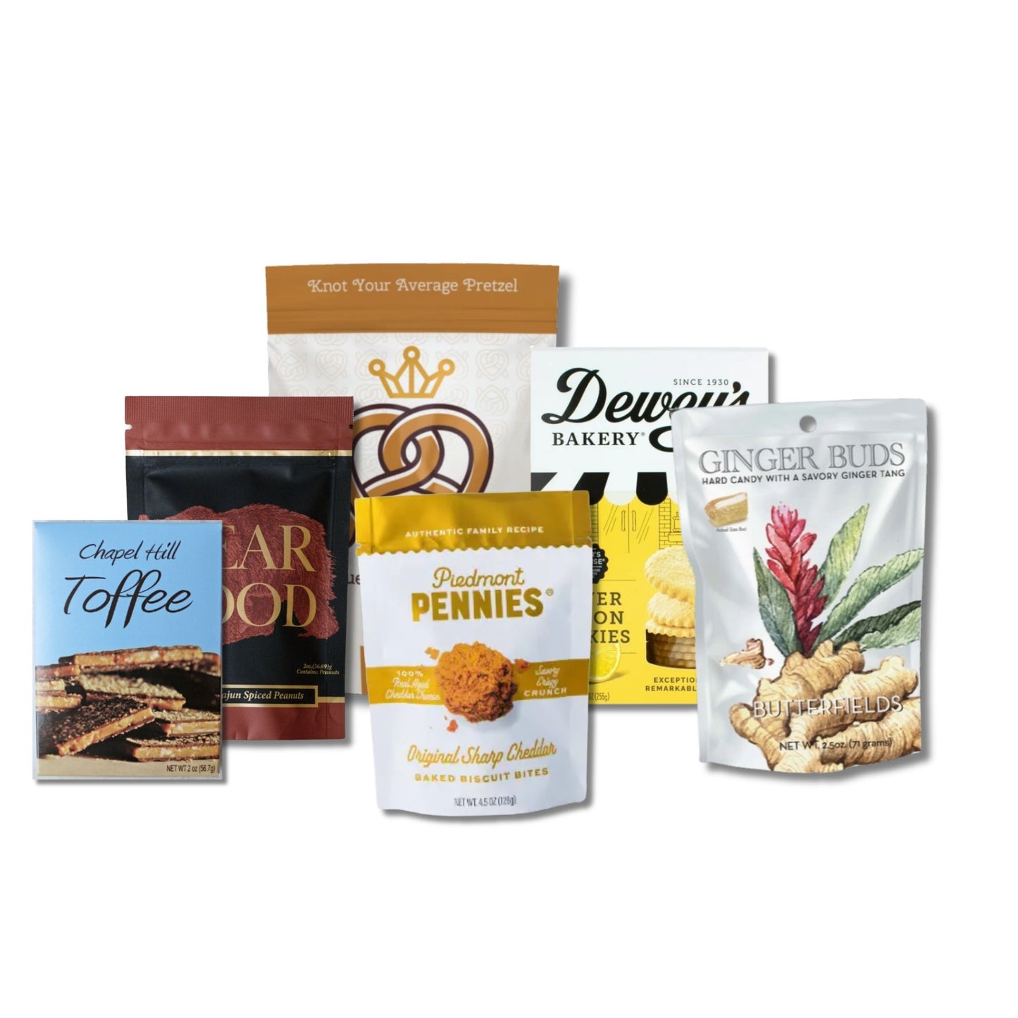 gourmet food contents for NC Snack Box gift including pretzels, nuts, cookies, candies, and cheese wafers