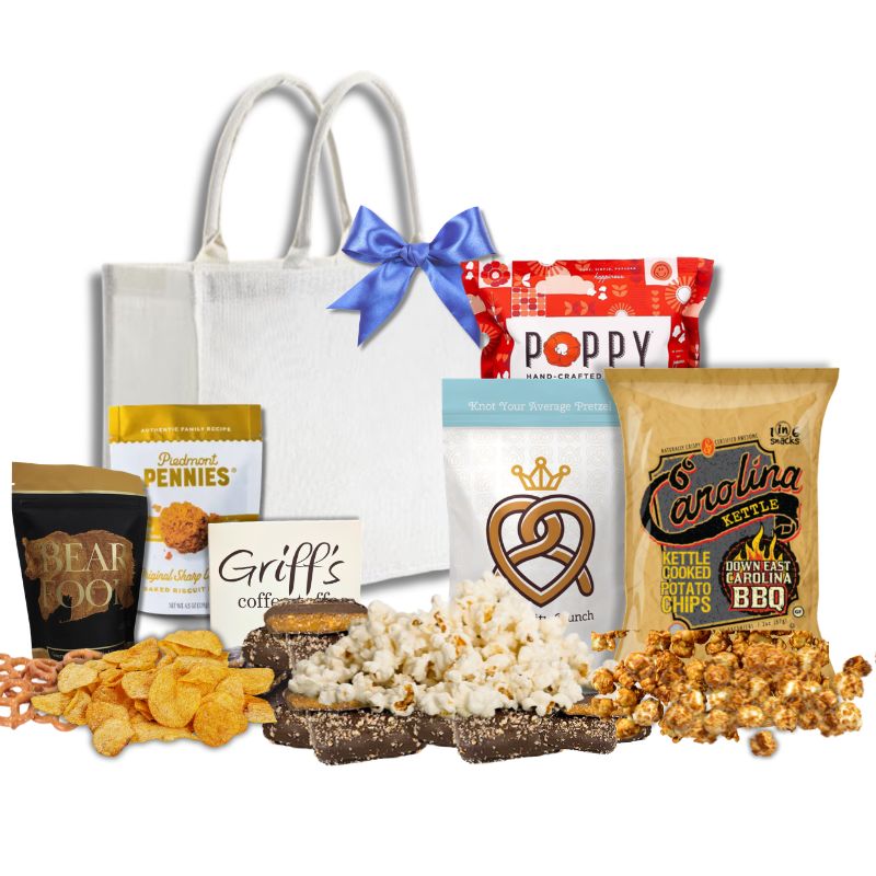 Carolina gift basket with North Carolina artisan toffee, chocolate, and gourmet treats in reusable jute tote