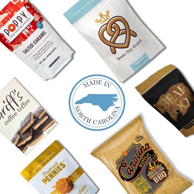 North Carolina gourmet gift bag contents with  Toffee, pretzels, and Carolina artisan treats