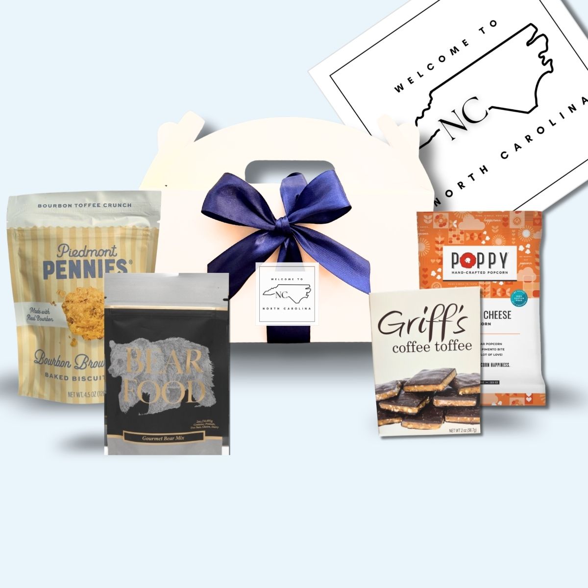 gable box filled with NC-made specialty gourmet foods to welcome guests to your event