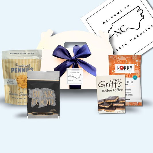 gable box filled with NC-made specialty gourmet foods to welcome guests to your event
