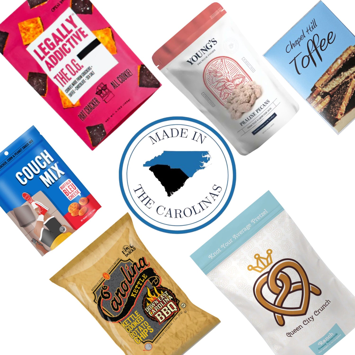 Collection of snack packages with a 'Made in North Carolina' logo in the center.
