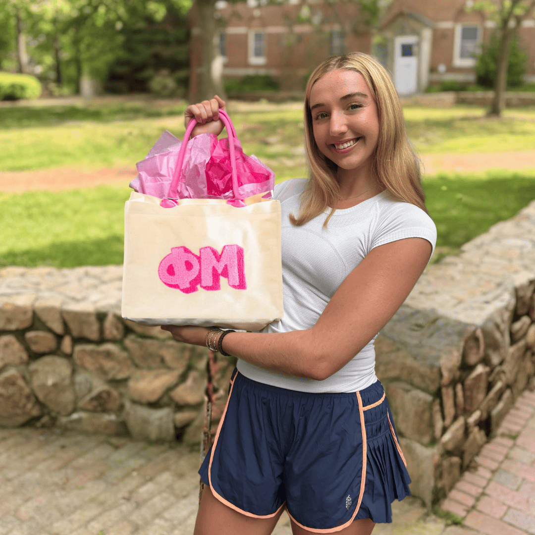 Phi Mu tote bag with Greek letters for UNC Chapel Hill sorority gifts and bid day