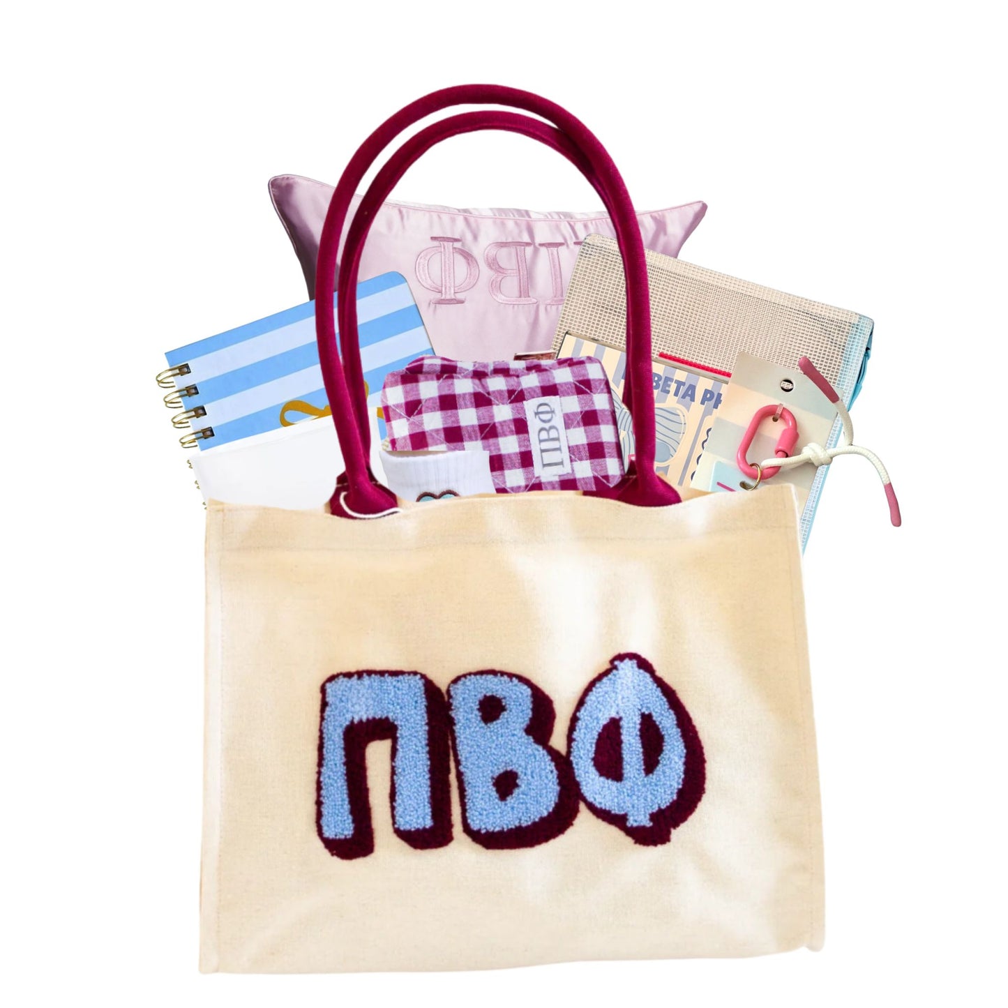 Pi Beta Phi sorority gift bag with Greek letter accessories for UNC Chapel Hill students and bid day