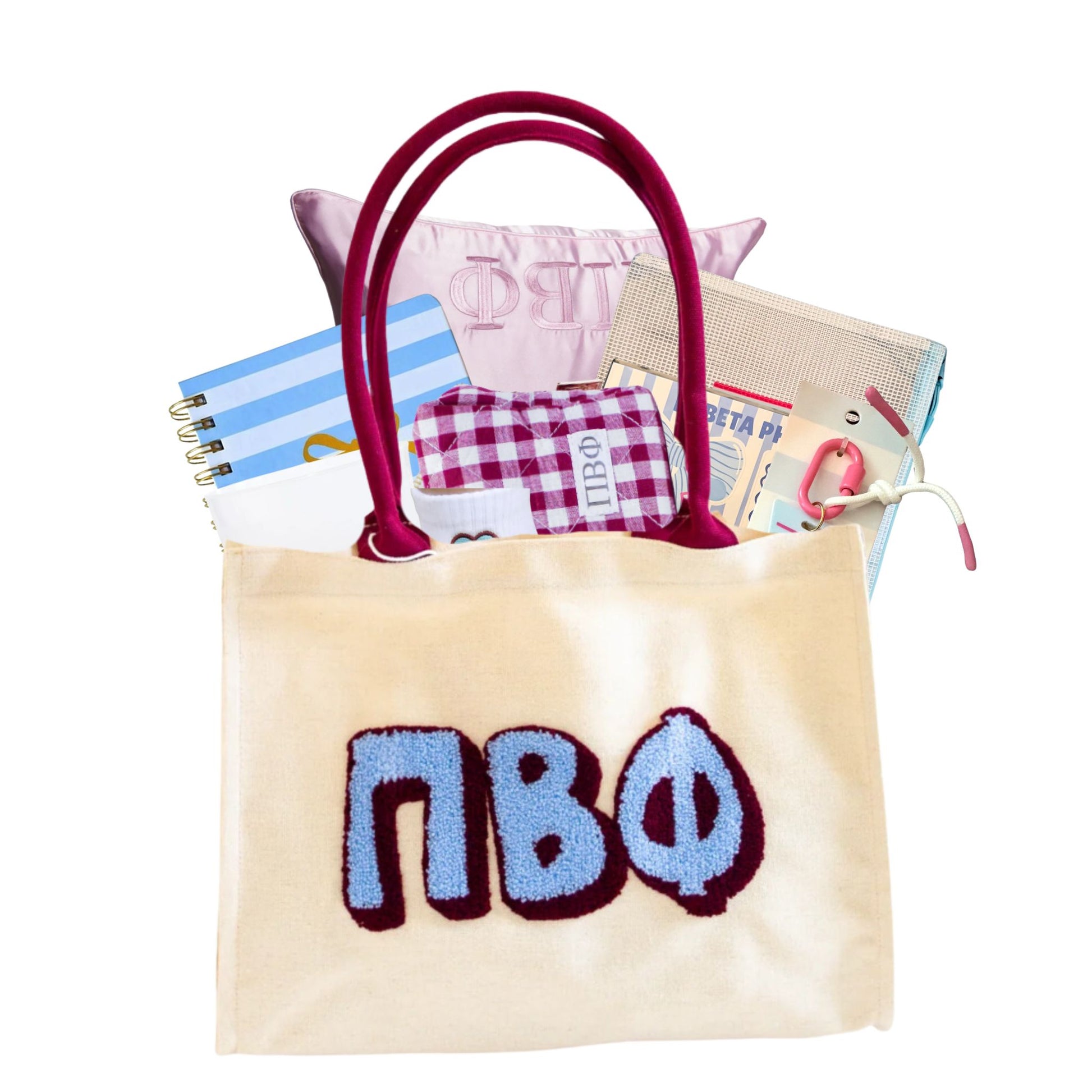 Pi Beta Phi sorority gift bag with Greek letter accessories for UNC Chapel Hill students and bid day