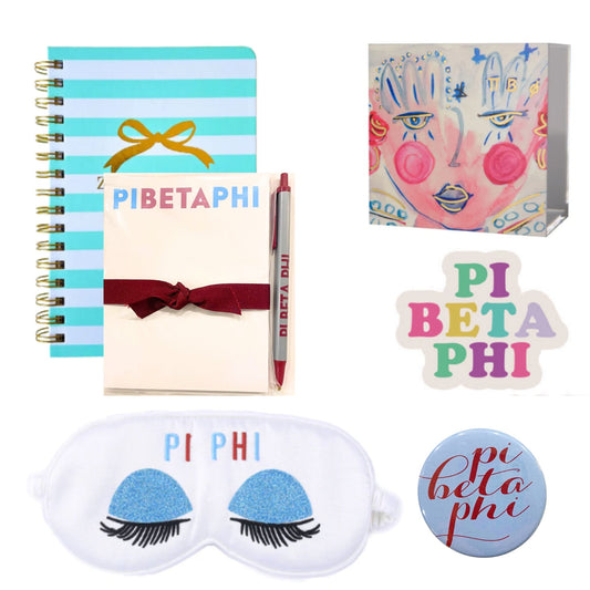 Pi Beta Phi gift contents with Greek letter accessories for UNC Chapel Hill students and sorority gifts
