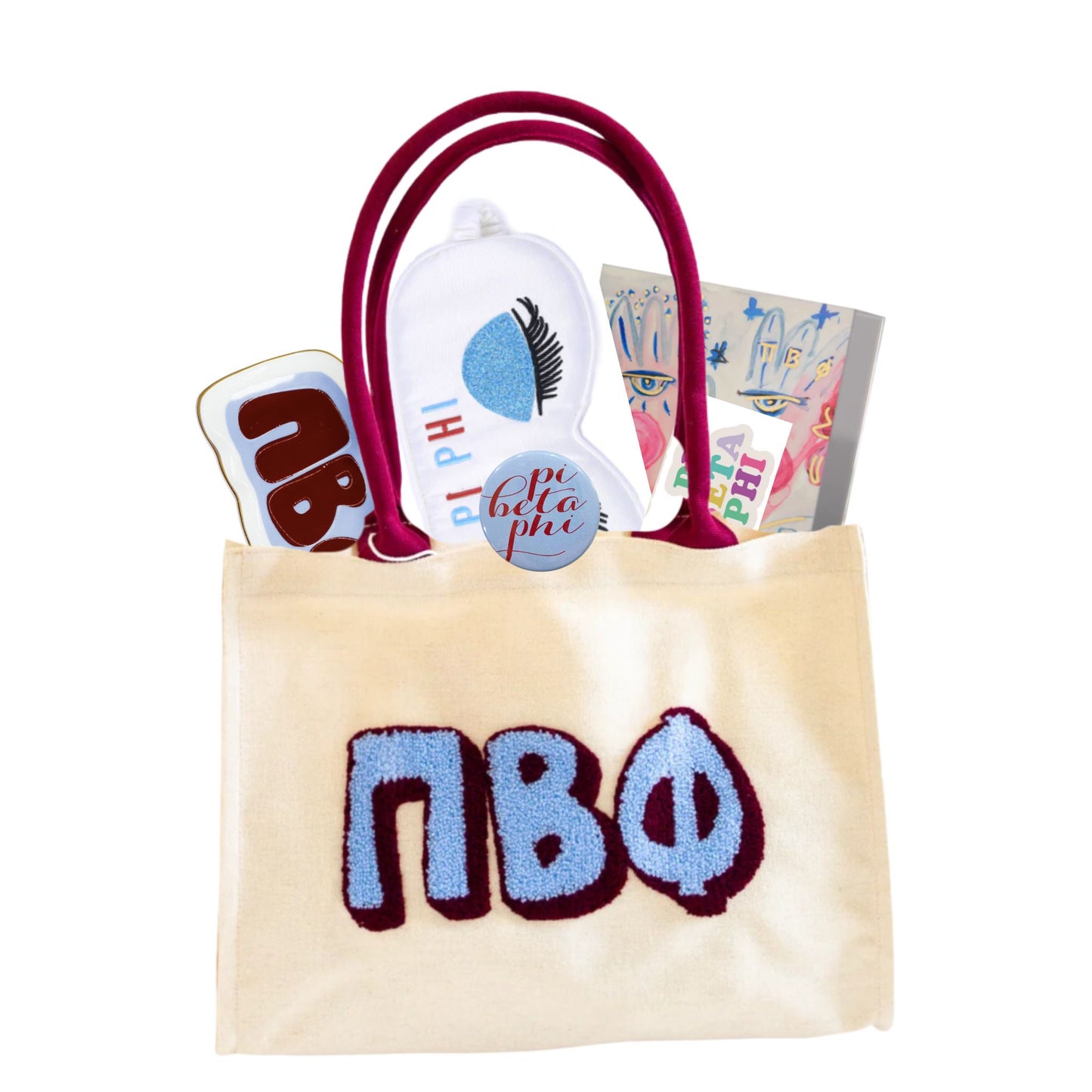 Pi Beta Phi sorority gift bag with Greek letter accessories for UNC Chapel Hill students and bid day