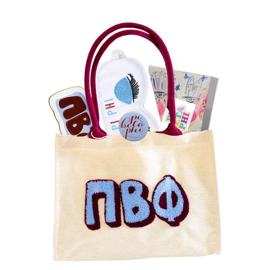 Pi Beta Phi sorority gift bag with Greek letter accessories for UNC Chapel Hill students and bid day
