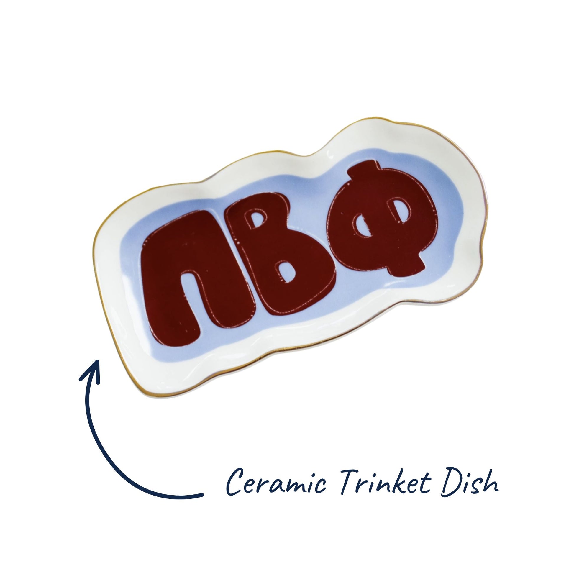 Ceramic trinket dish with Pi Beta Phi letters on a white background