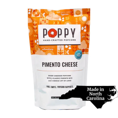 Poppy Popcorn Pimento Cheese flavor – Savory popcorn made in North Carolina with a bold pimento cheese seasoning for a unique, irresistible snack.