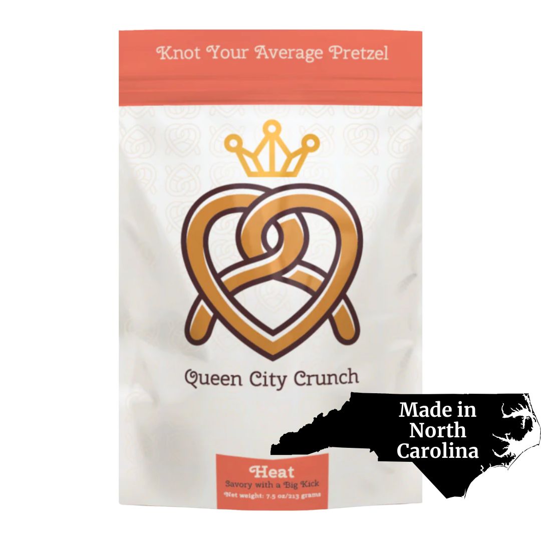 Queen City Crunch Heat Pretzels, savory and spicy snacks made in Charlotte, North Carolina, offering a bold kick of flavor for an unforgettable treat.