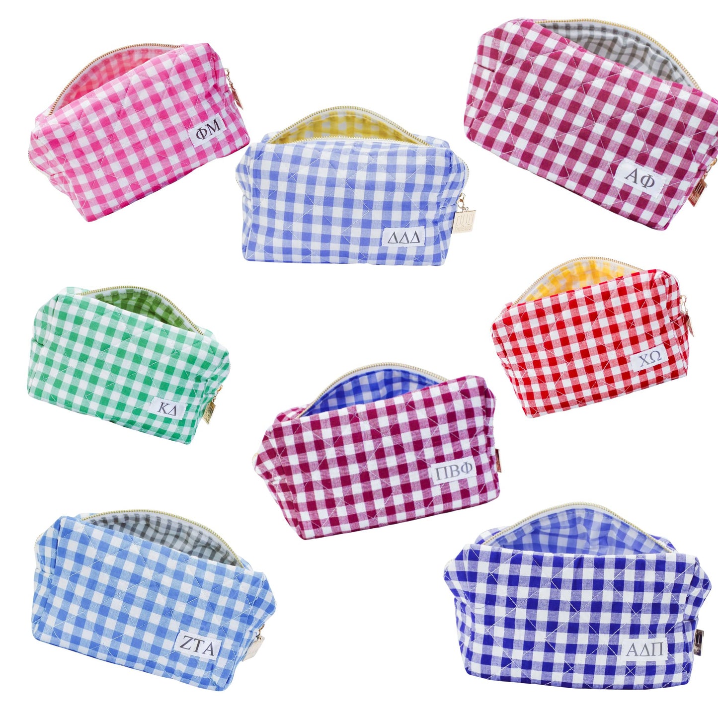 Quilted gingham cosmetic bag with sorority letters in sorority colors