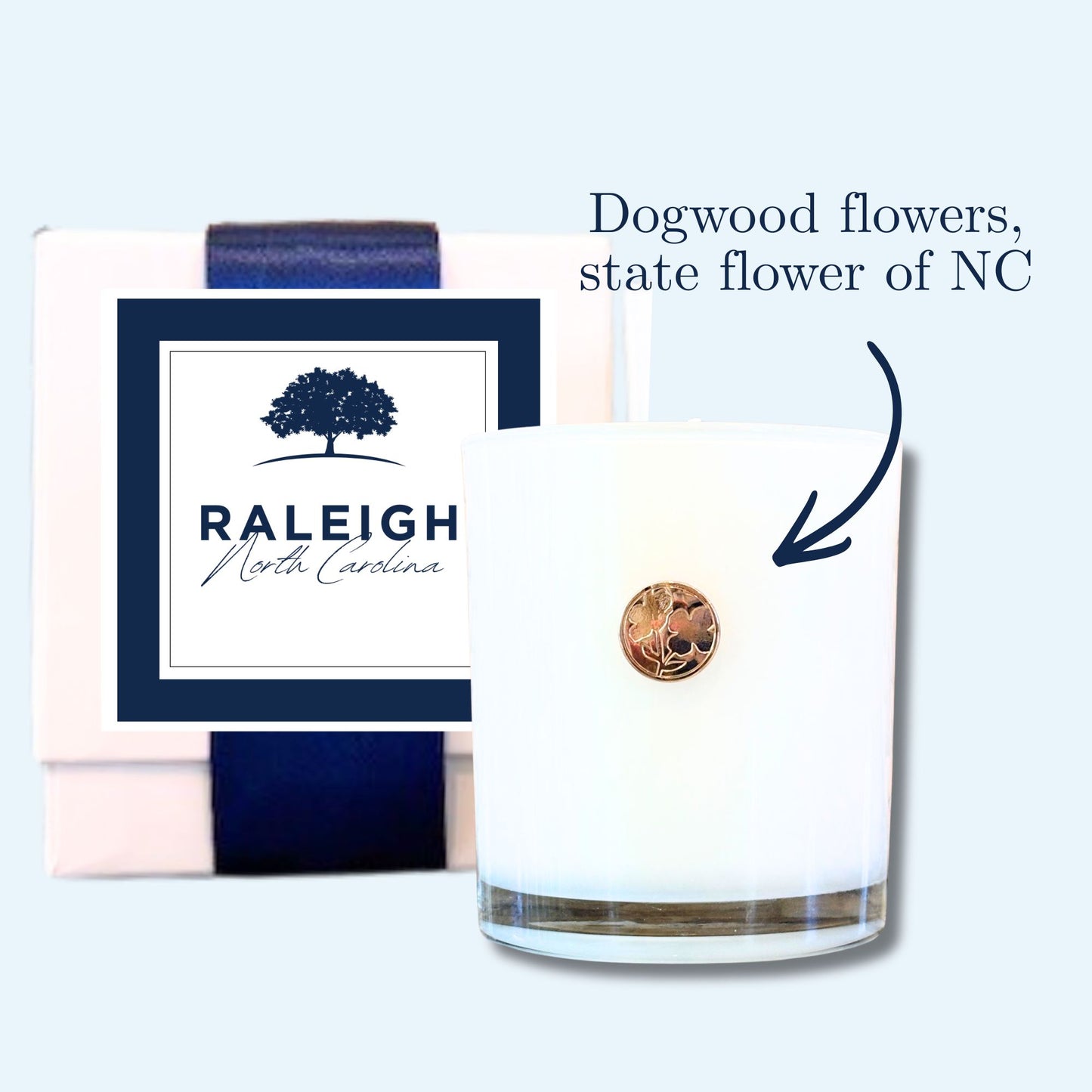 Raleigh NC lemon verbena soy candle with gold dogwood emblem and branded box with oak tree label